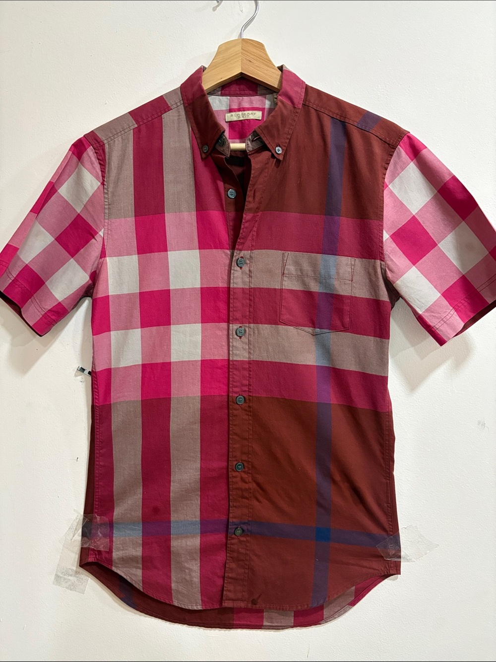 Burberry Pink, Brown and White Checked Short-Sleeve Button-Down Shirt